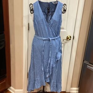 Light Blue Sleeveless Wrap Dress with Waist Tie